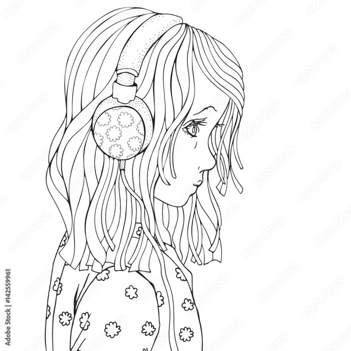 Anime female with headphones coloring pages