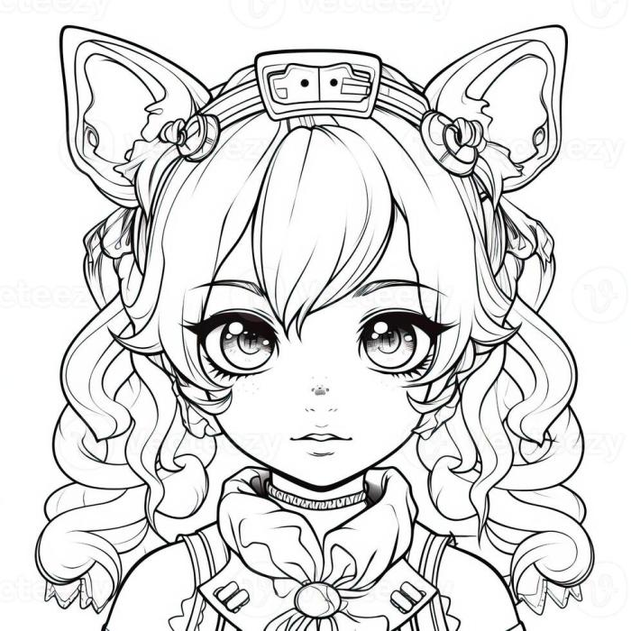 Anime coloring page detailed catgirl