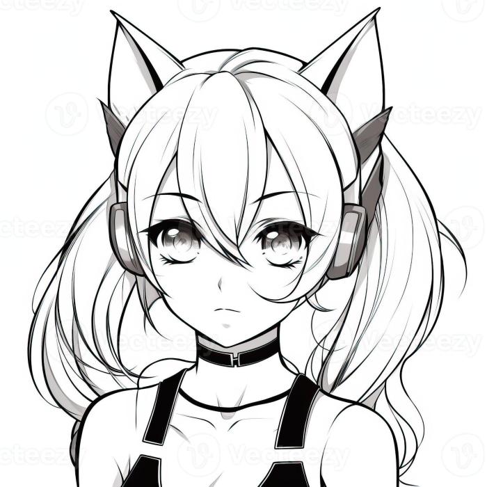 Anime coloring page detailed catgirl